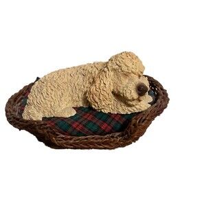Living Stone 4" Poodle Sleeping in a Wicker Bed Resin Figurine Made in USA